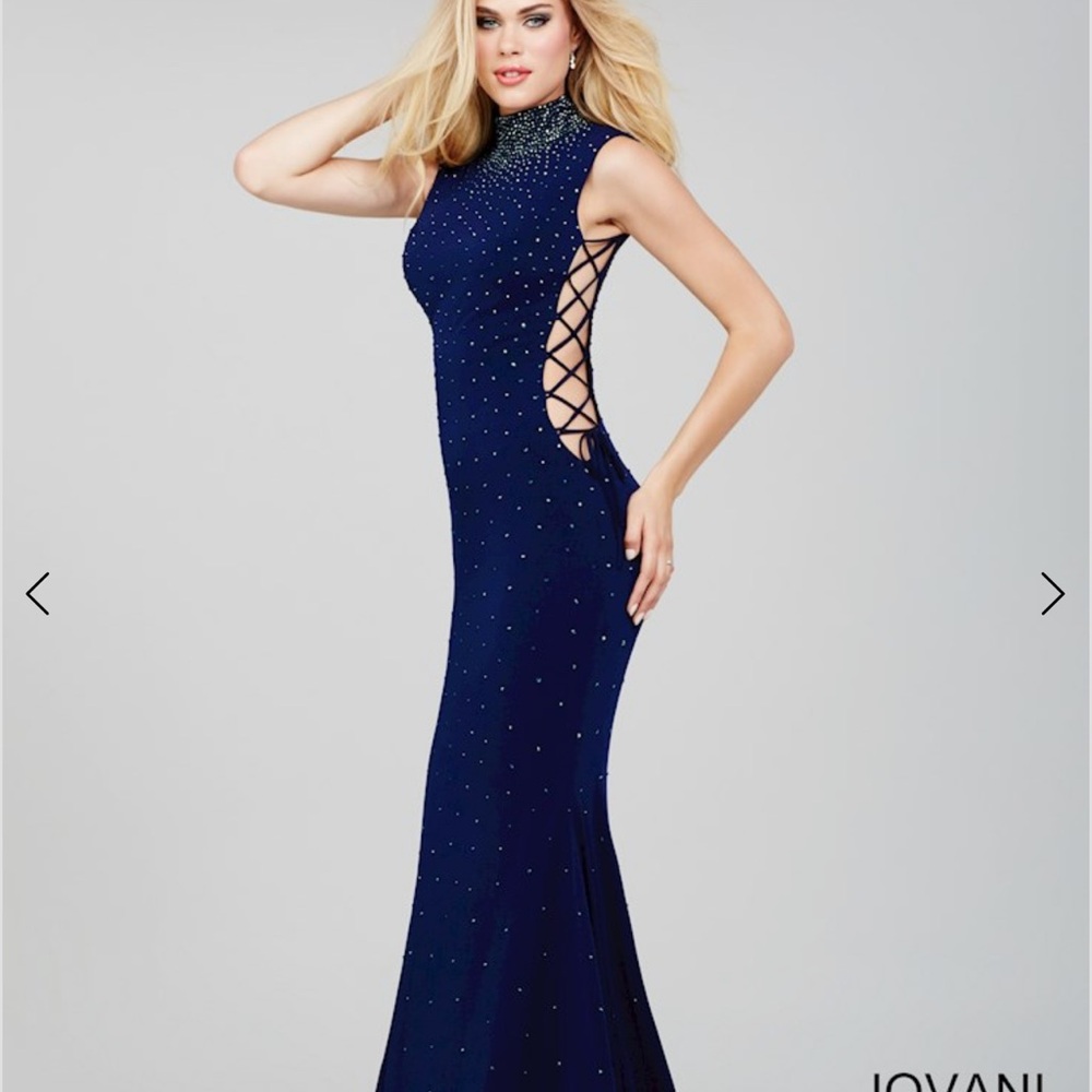 Jovani Blue Sequin Cut Out Gown